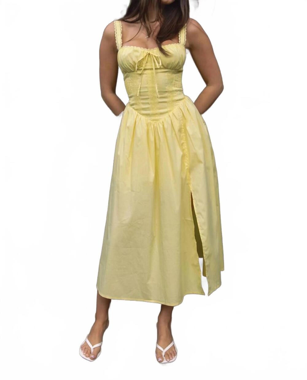NEW GOLDEN loretta stretch poplin midi dress in pale yellow